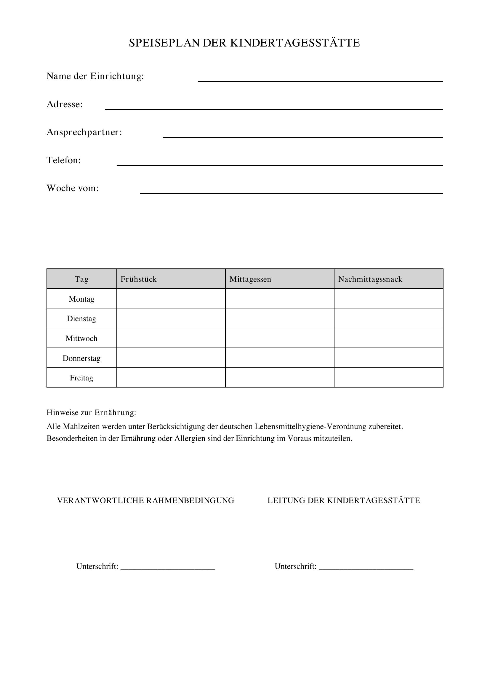 Speiseplan Kita Vorlage