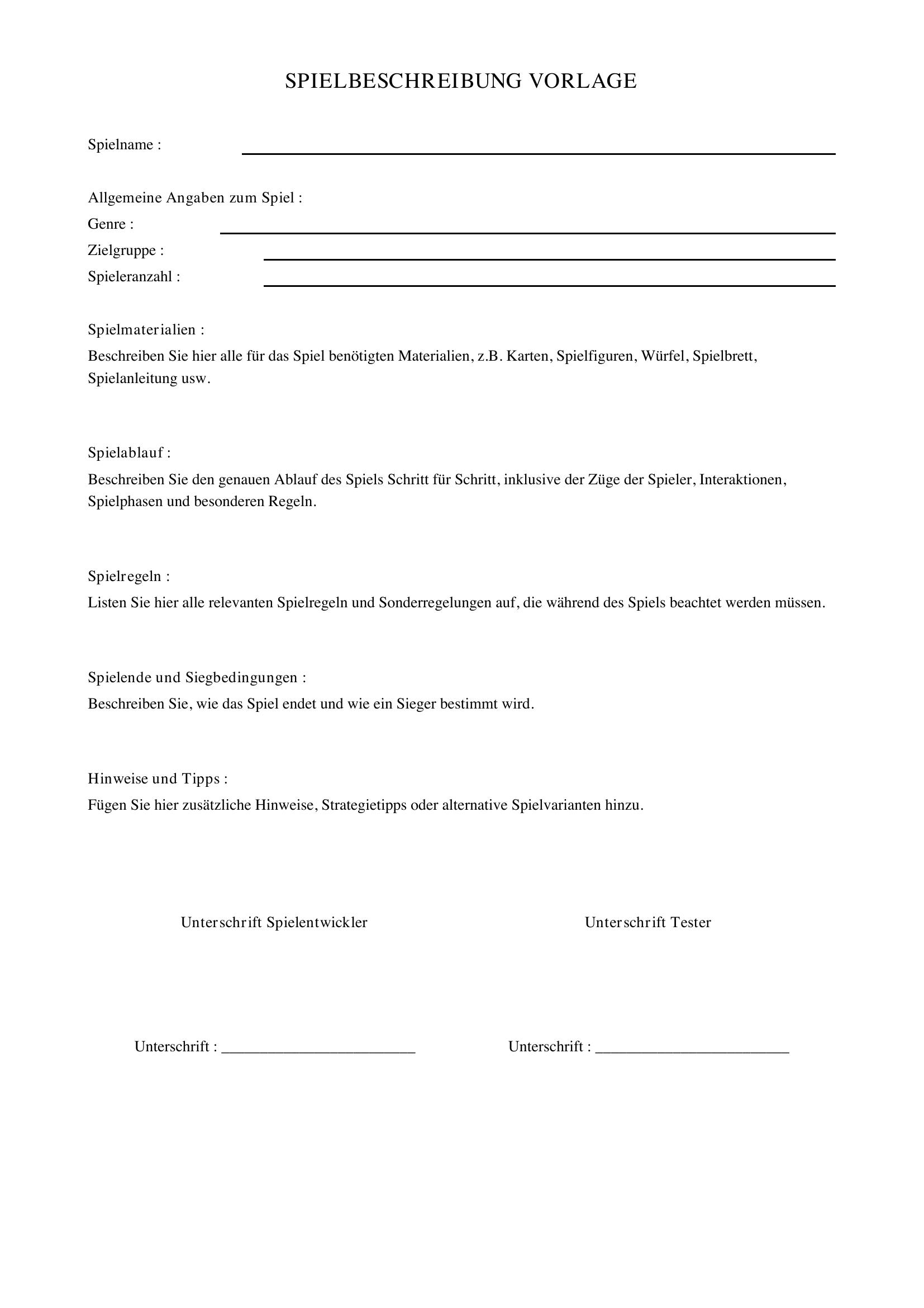 Spielbeschreibung Vorlage