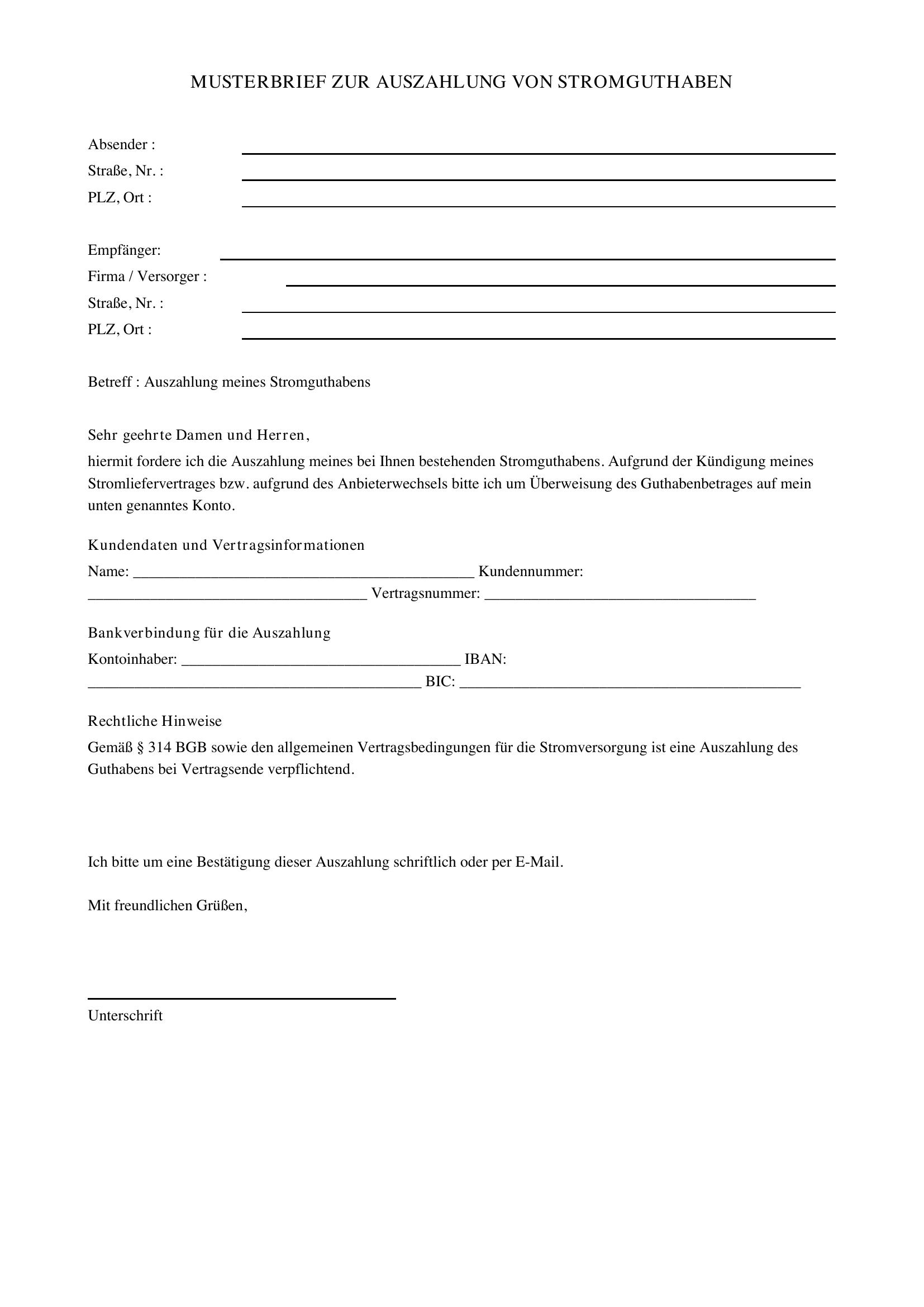 Strom Guthaben Auszahlen Musterbrief
