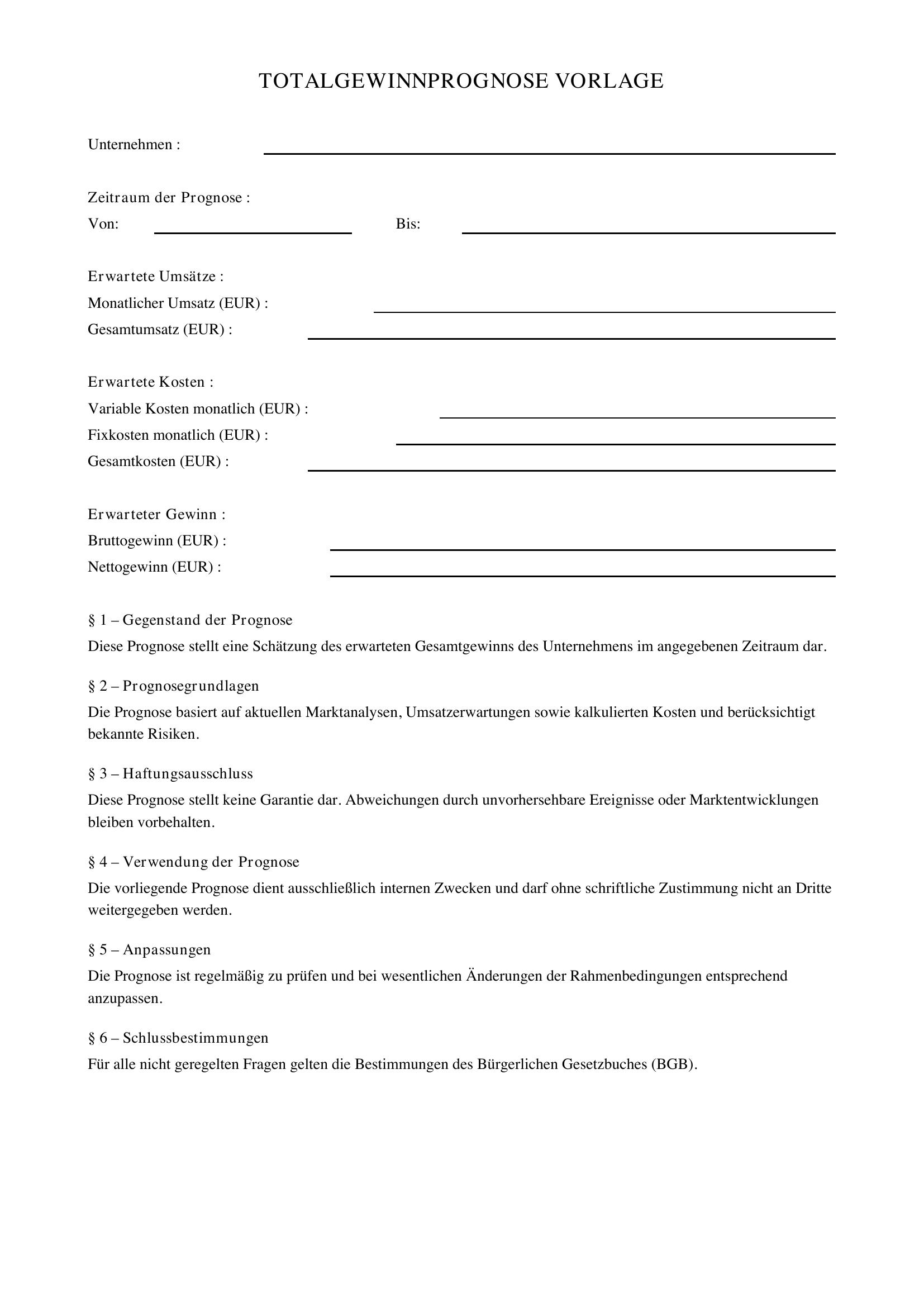 Totalgewinnprognose Vorlage