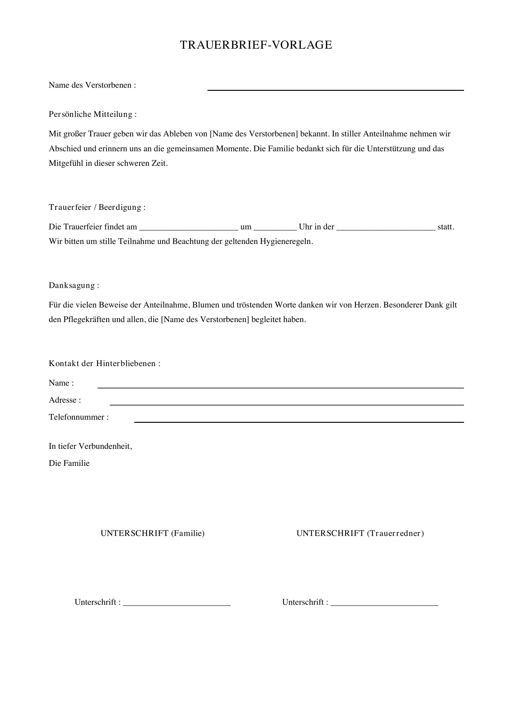 Trauerbrief Vorlage