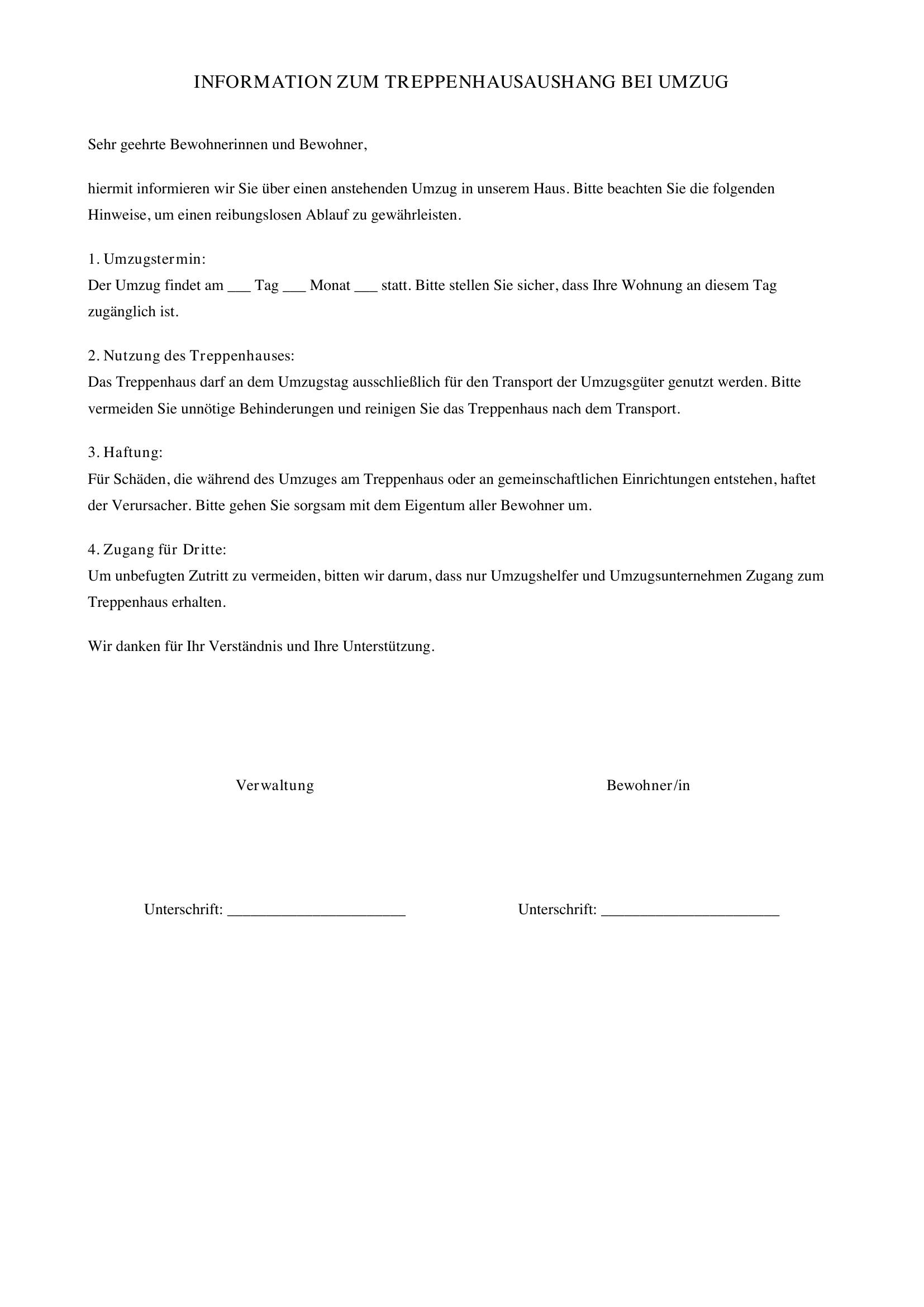 Treppenhausaushang Bei Umzug Vorlage