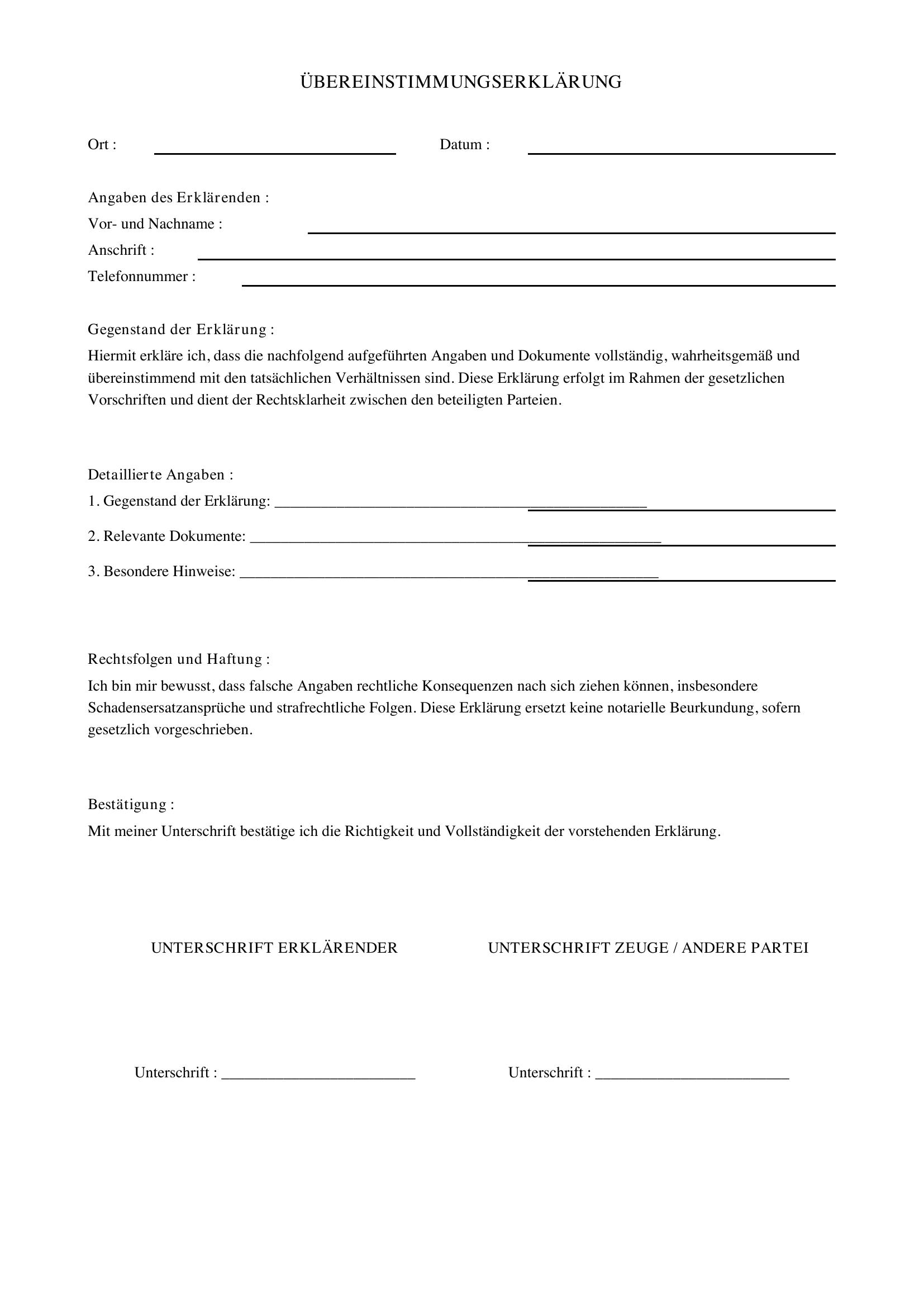 Übereinstimmungserklärung Vorlage