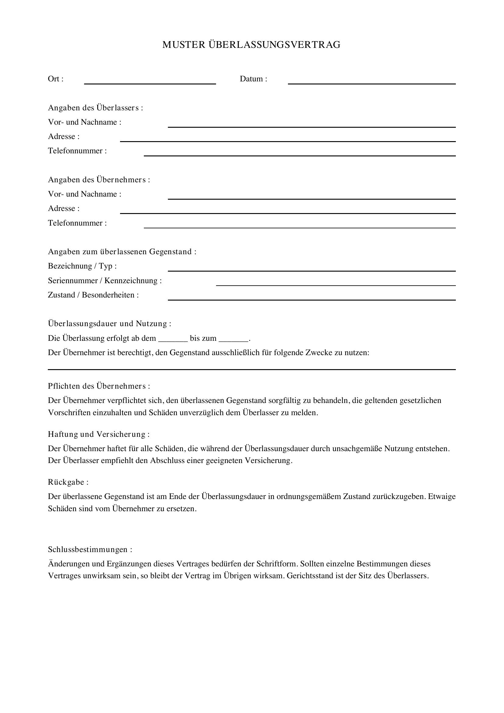 Überlassungsvertrag Muster