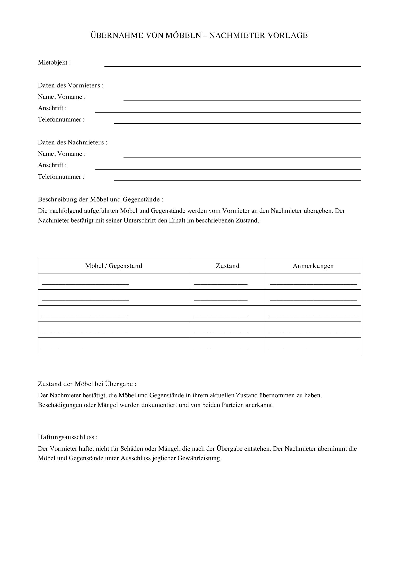 Übernahme Möbel Nachmieter Vorlage
