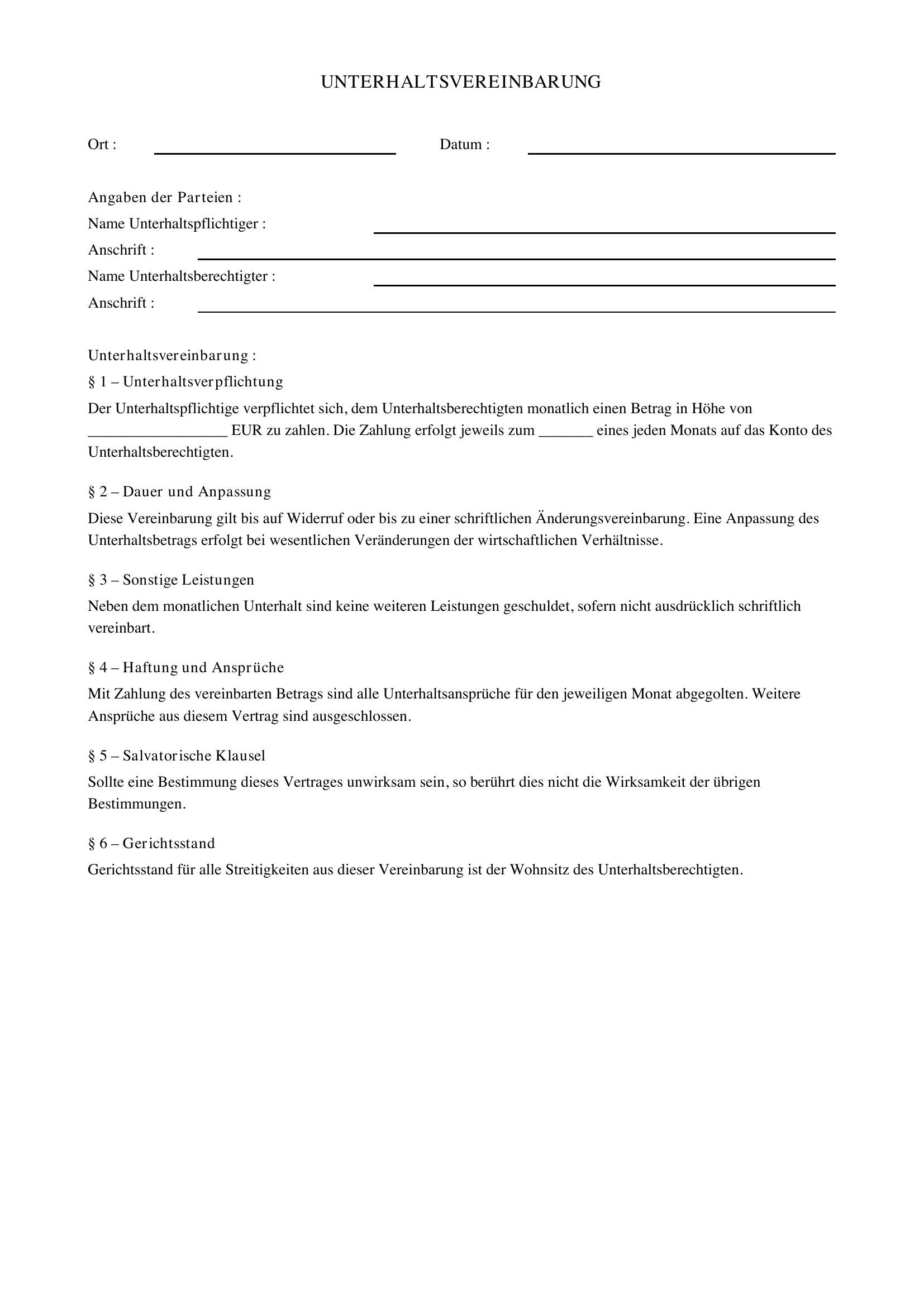 Unterhaltsvereinbarung Vorlage