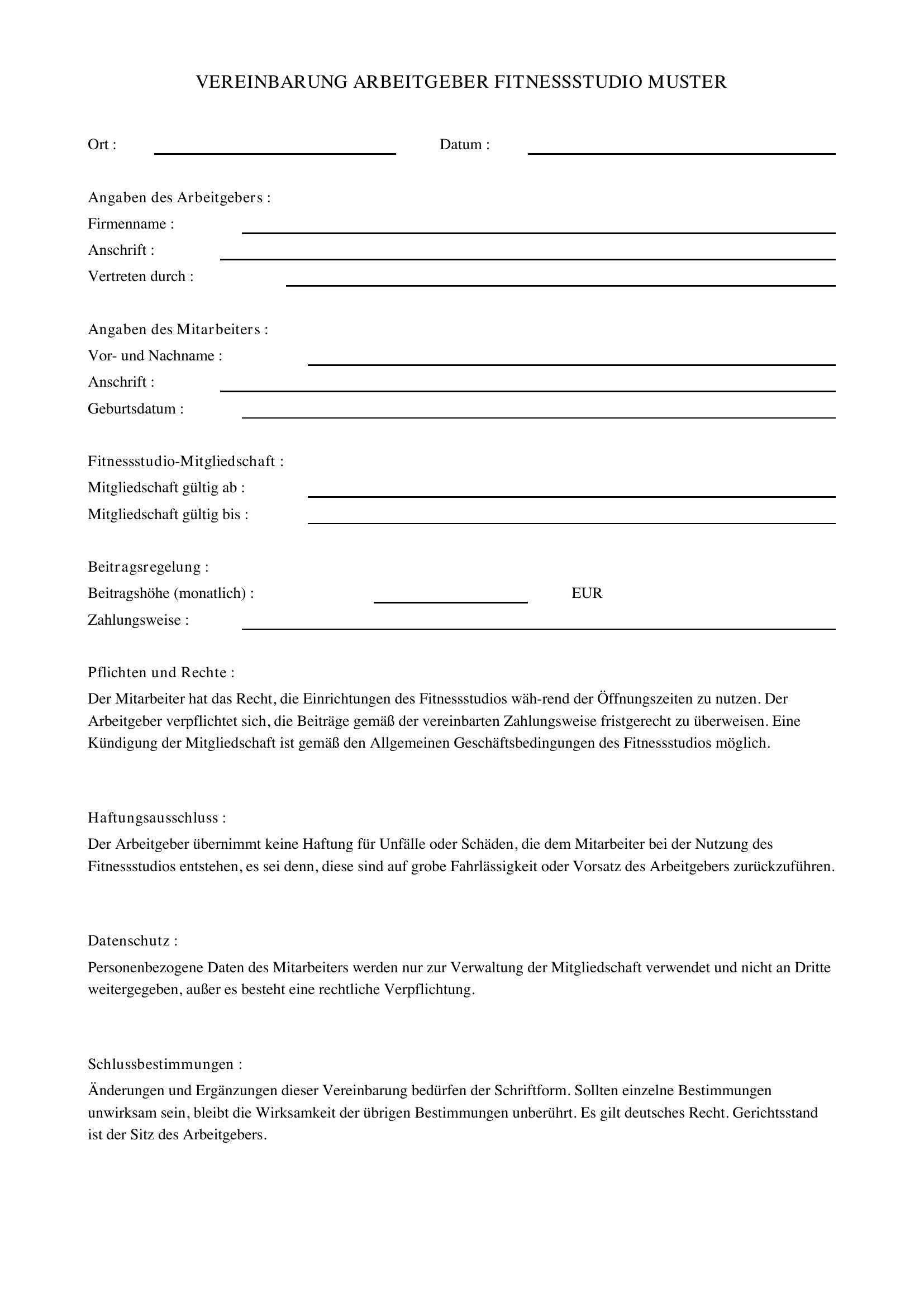 Vereinbarung Arbeitgeber Fitnessstudio Muster