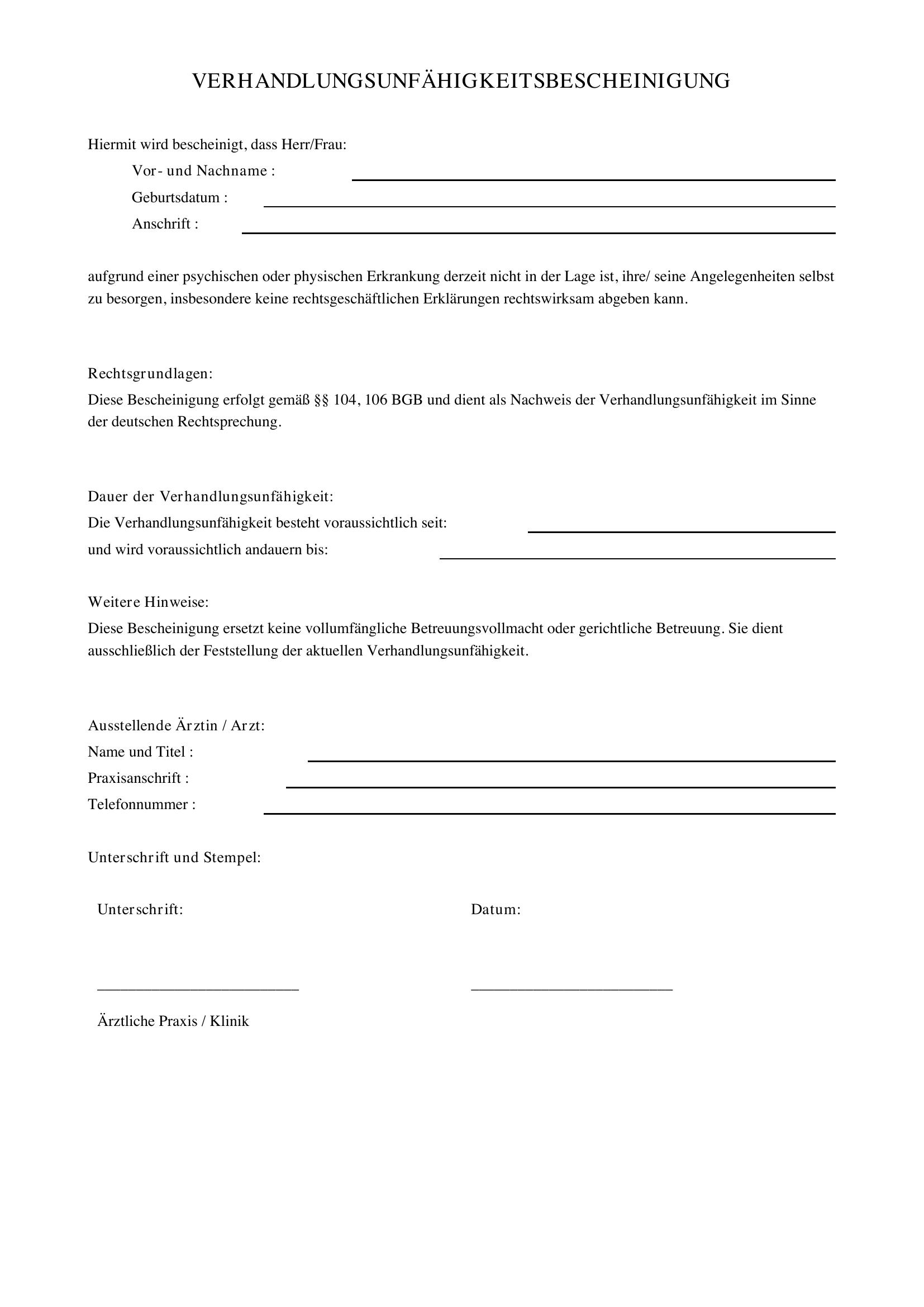 Verhandlungsunfähigkeitsbescheinigung Muster