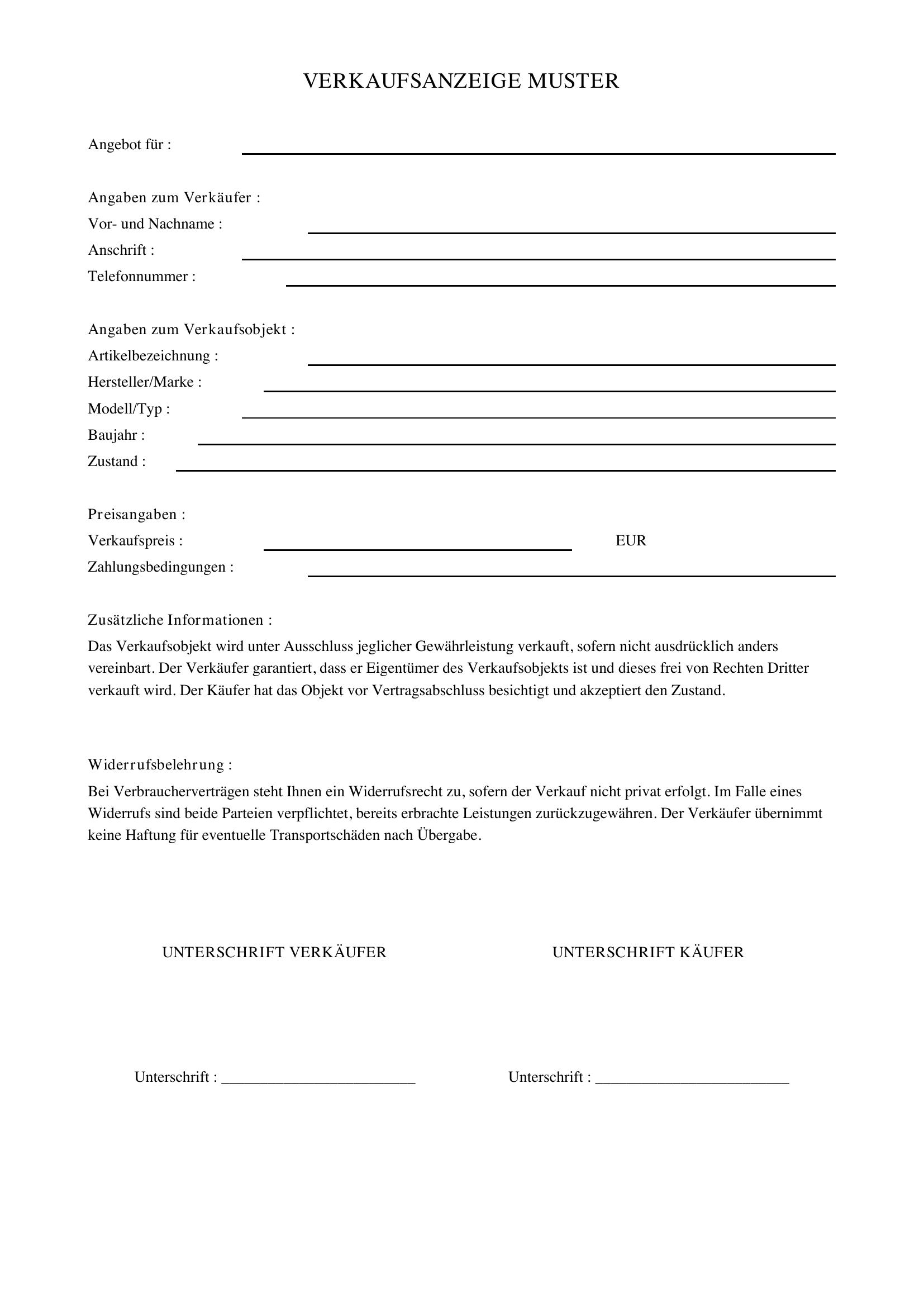 Verkaufsanzeige Schreiben Muster