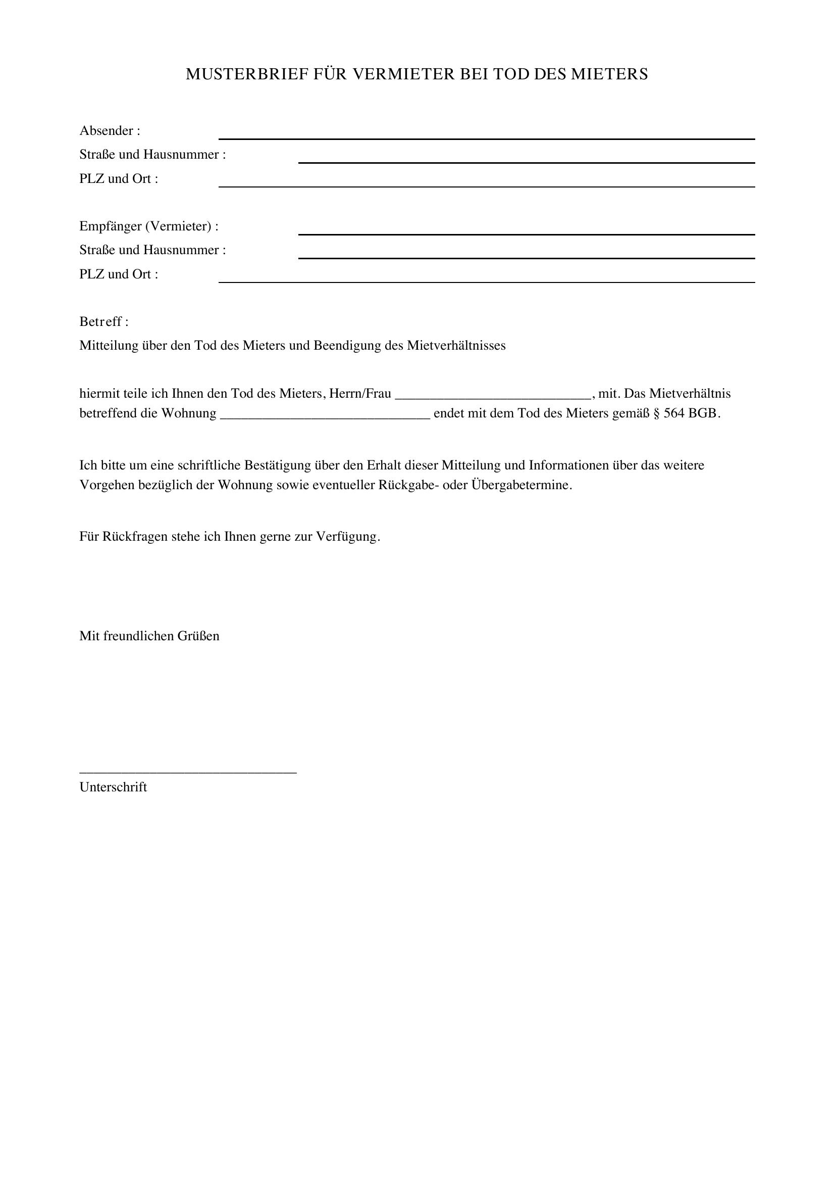 Vermieter Über Tod Informieren Musterbrief