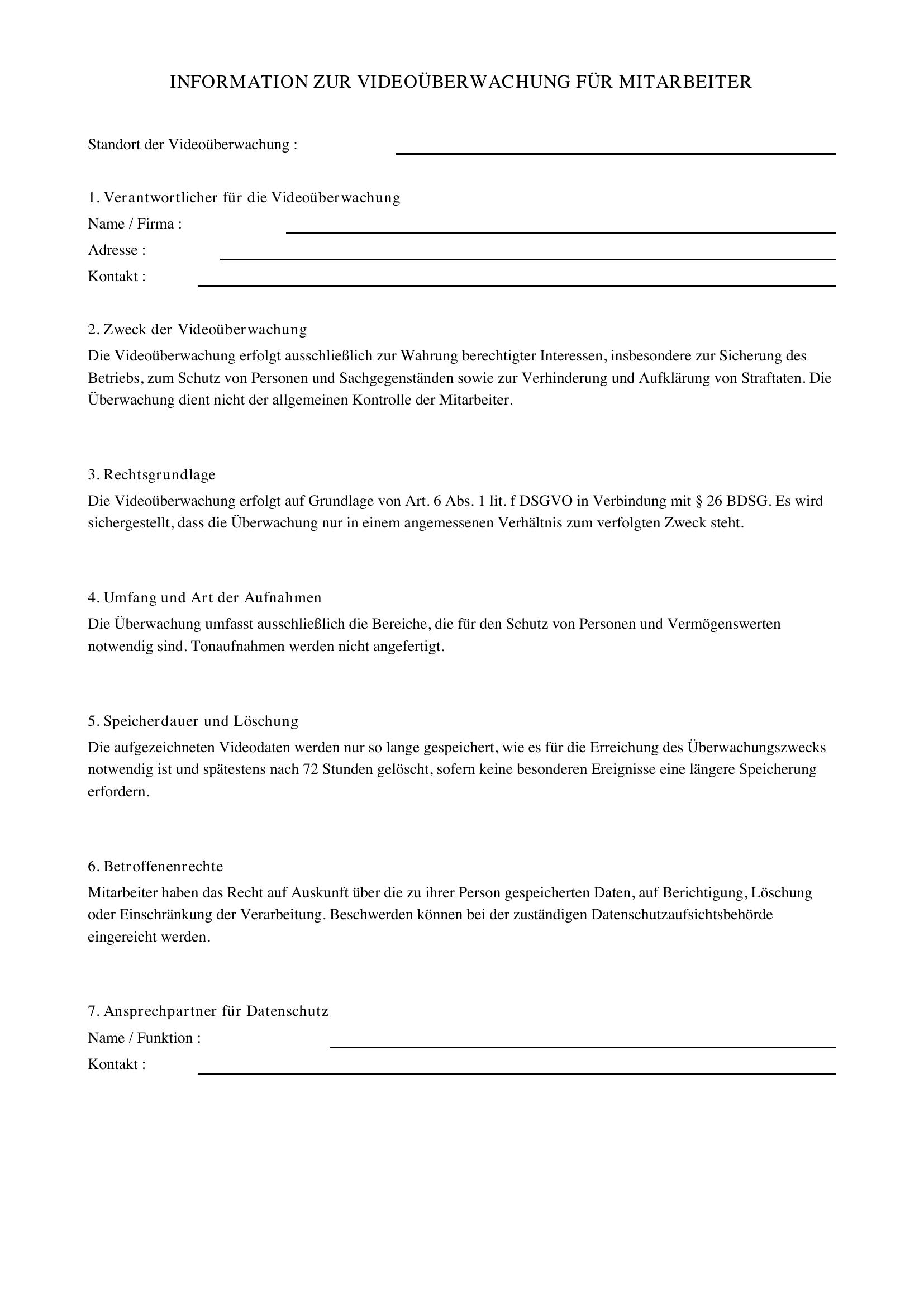 Videoüberwachung Mitarbeiter Informieren Muster