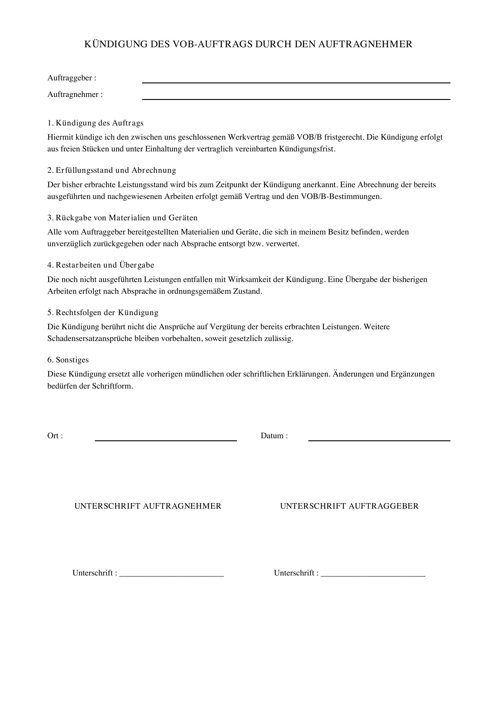 Vob Kündigung Durch Auftragnehmer Muster