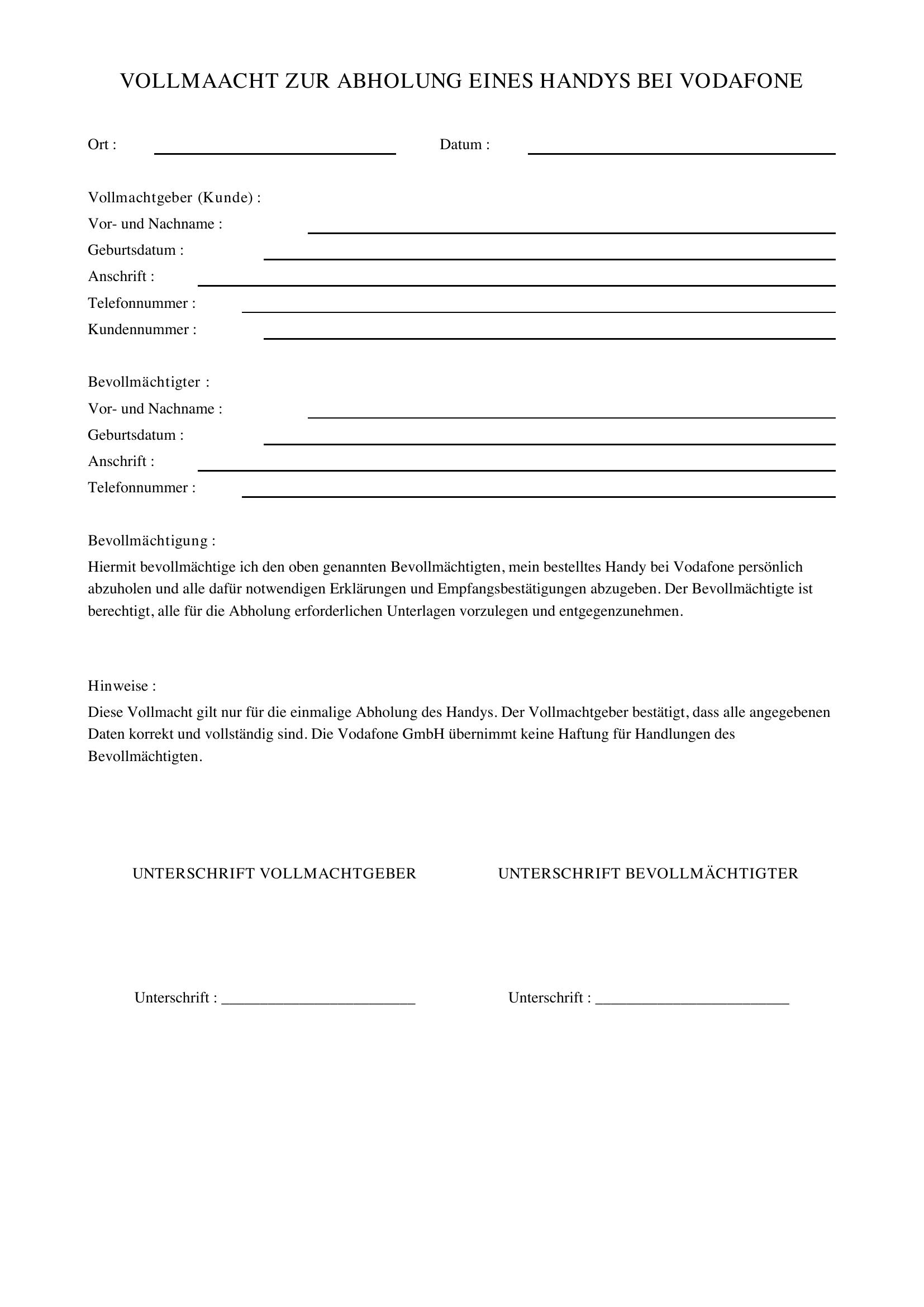 Vodafone Vollmacht Handy Abholen