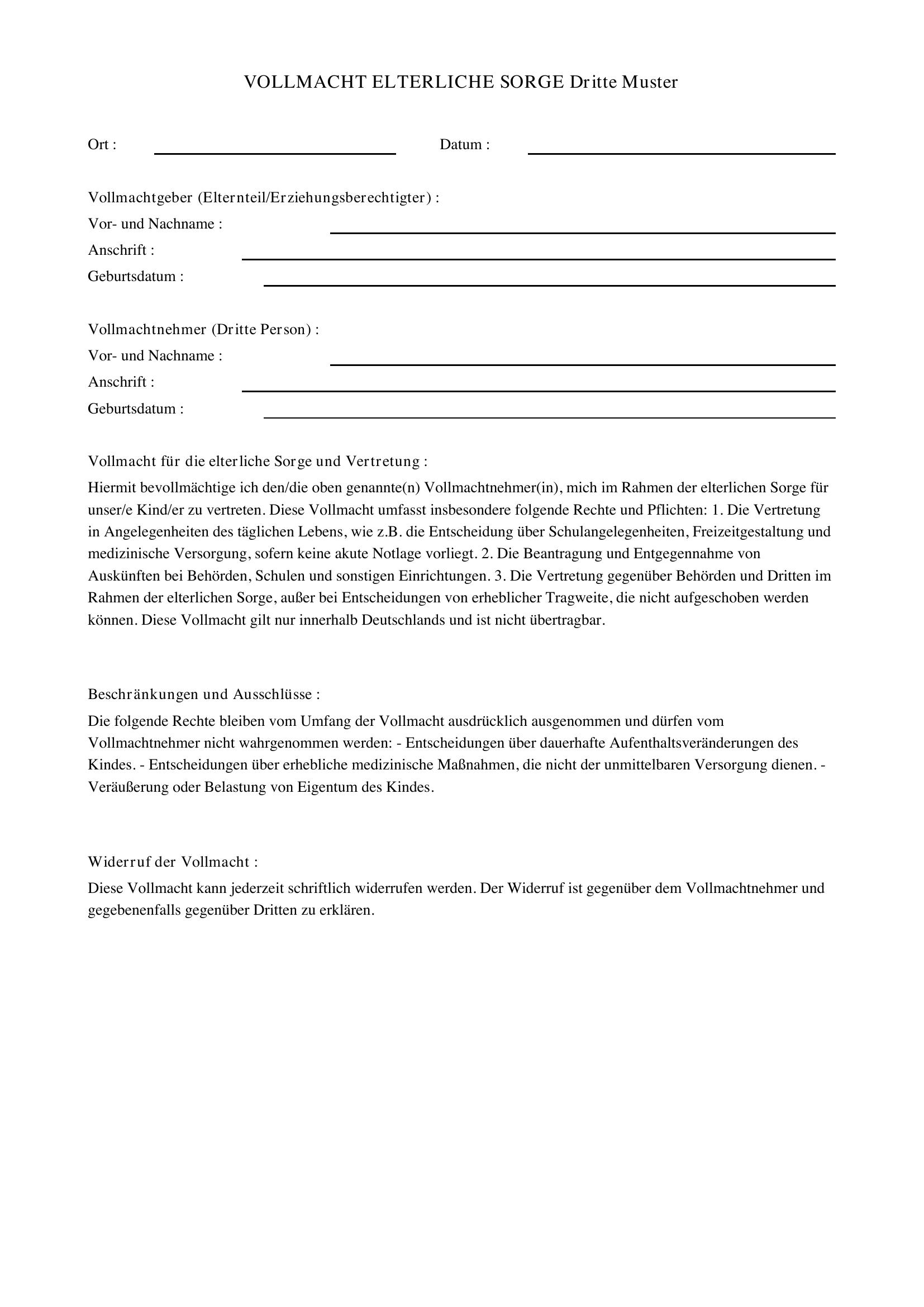 Vollmacht Elterliche Sorge Dritte Muster