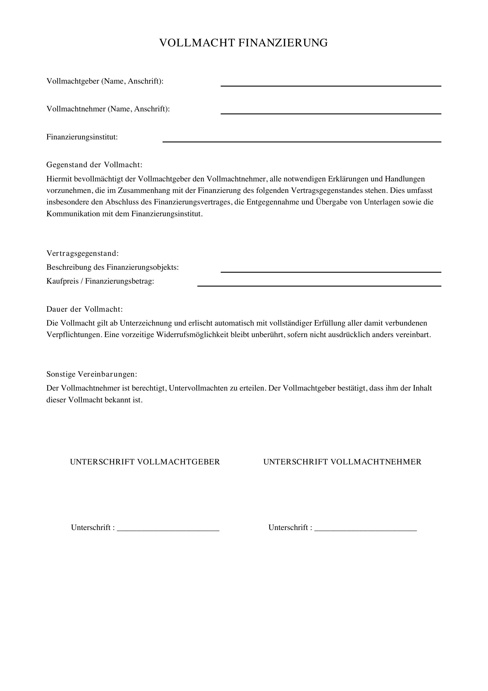 Vollmacht Finanzierung Muster