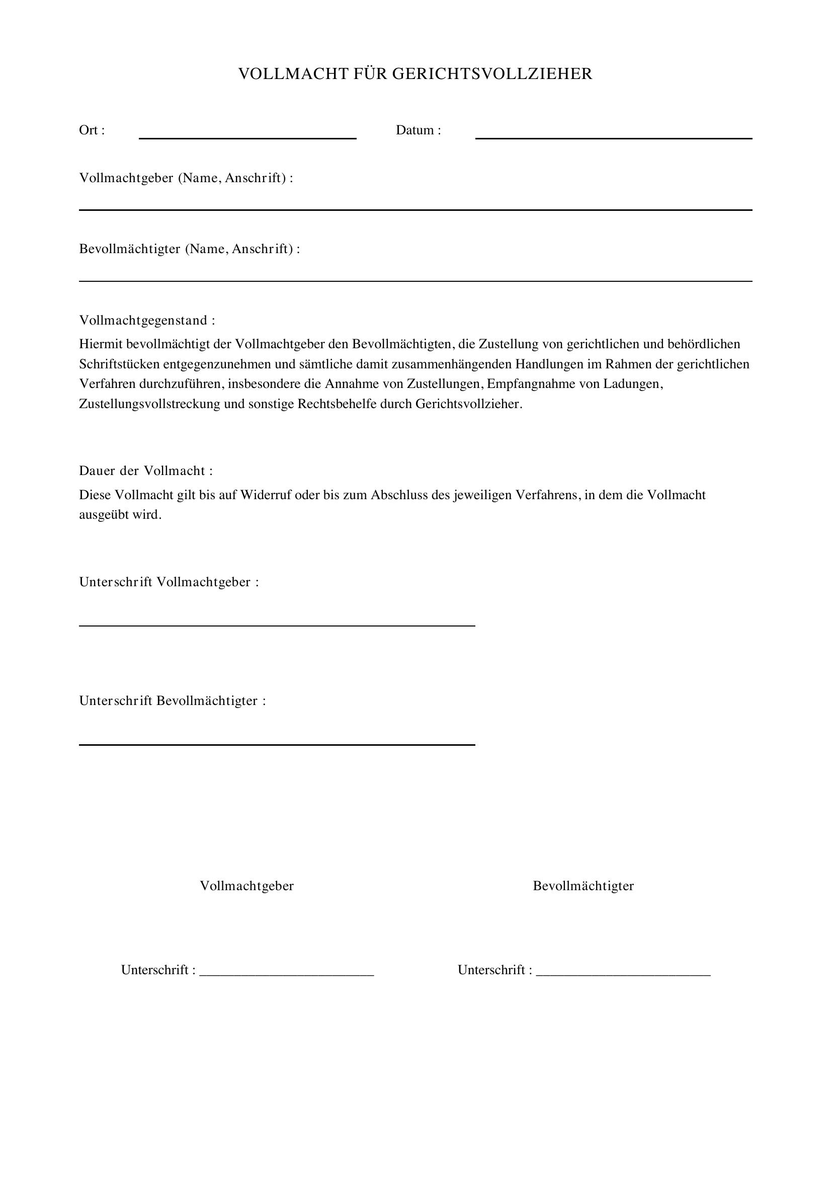 Vollmacht Für Gerichtsvollzieher