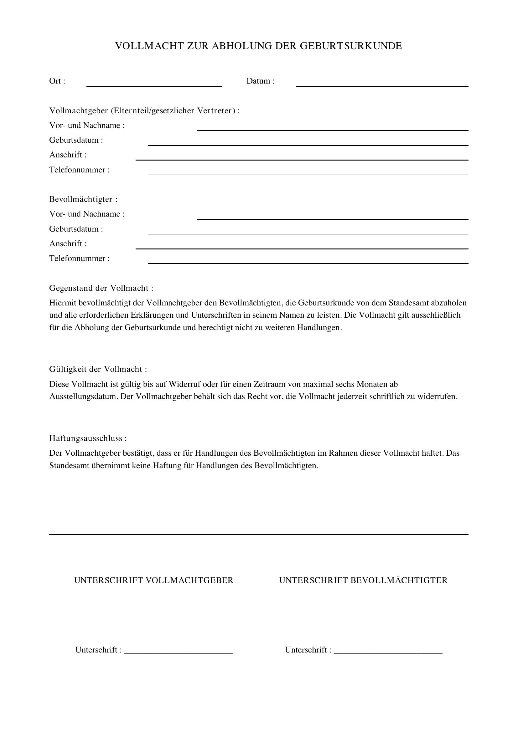 Vollmacht Geburtsurkunde Abholen