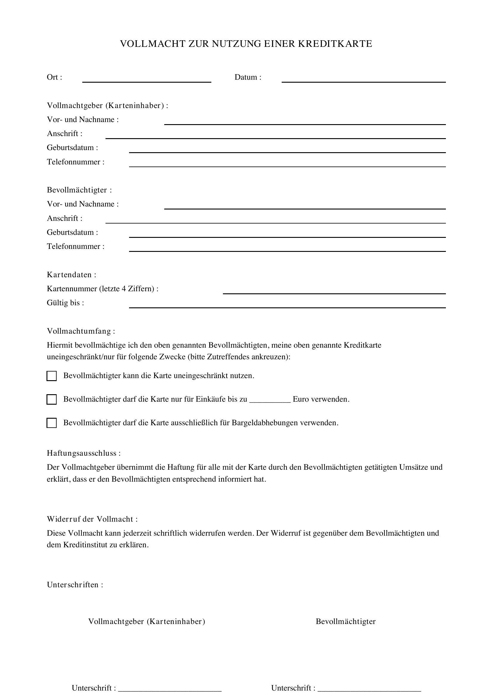 Vollmacht Kreditkarte Vorlage