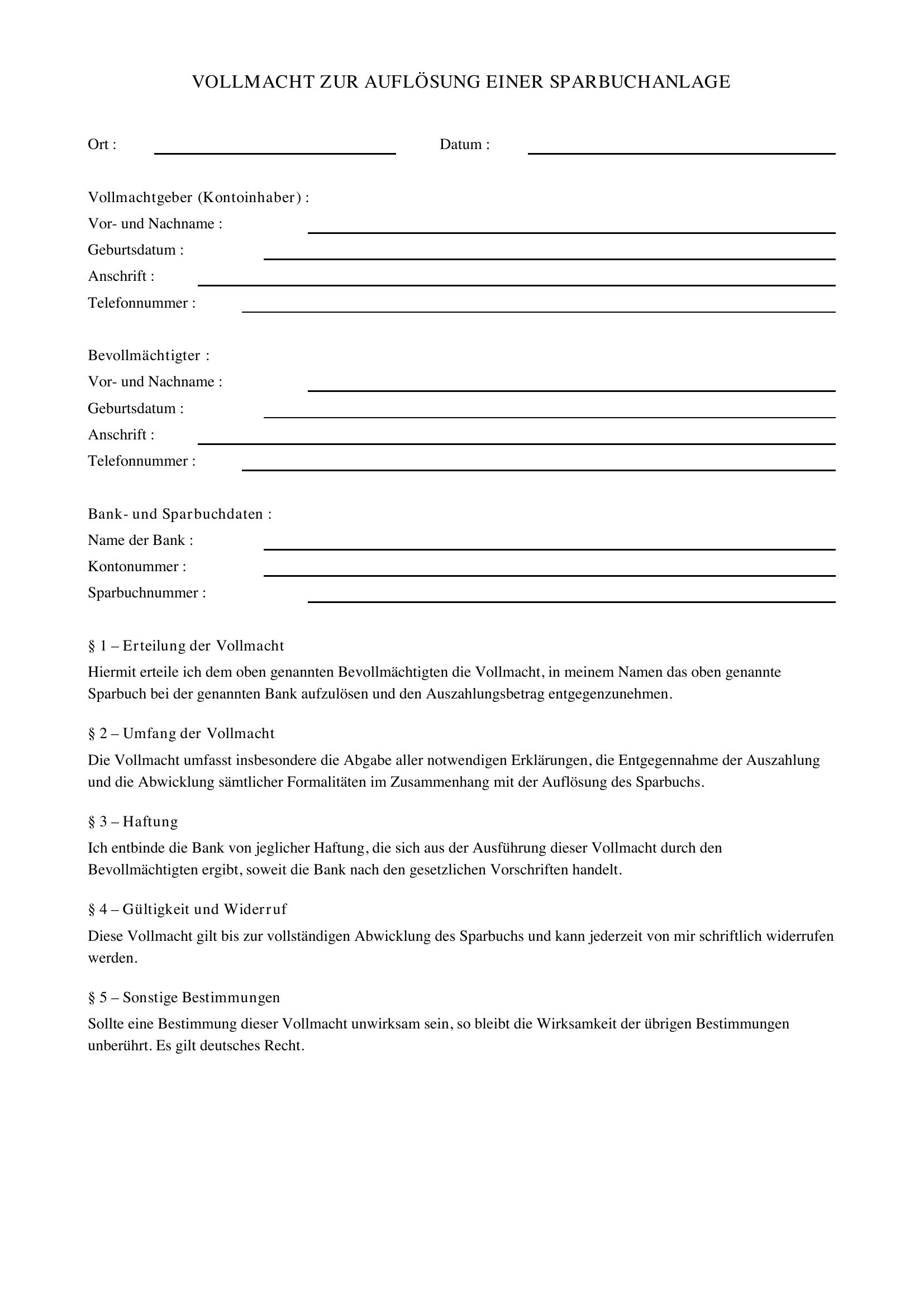 Vollmacht Sparbuch Auflösen
