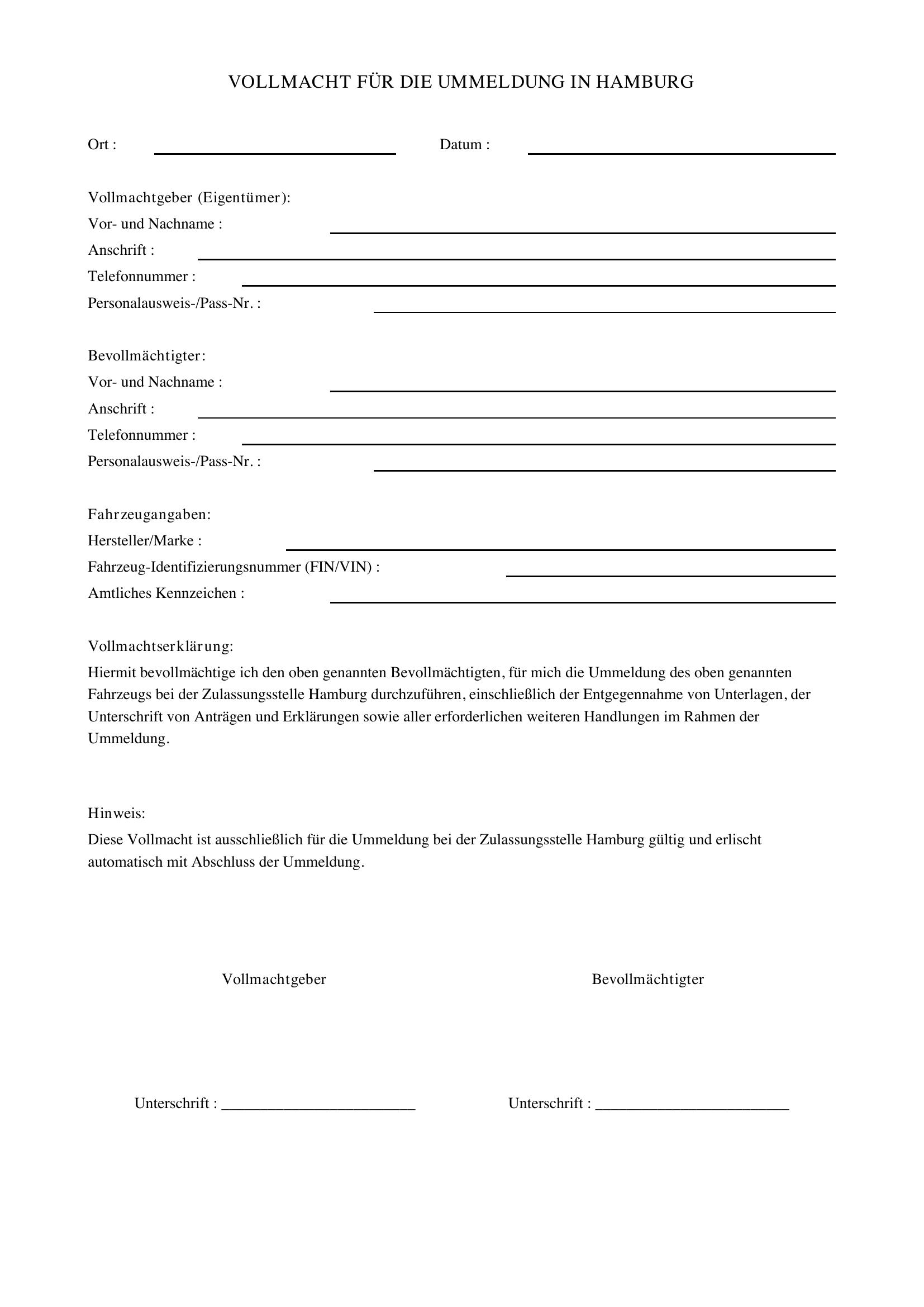 Vollmacht Ummeldung Hamburg