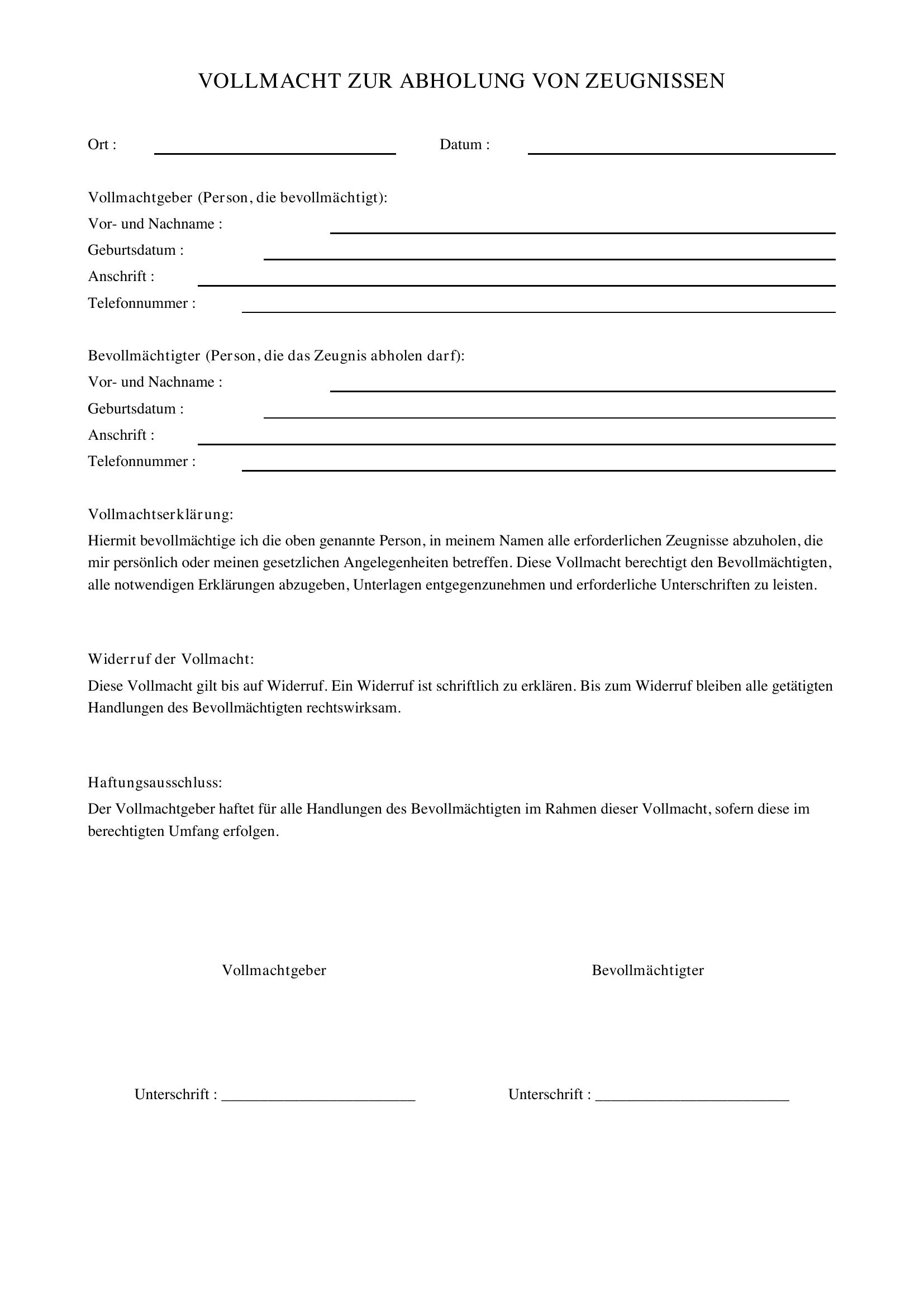 Vollmacht Zeugnis Abholen