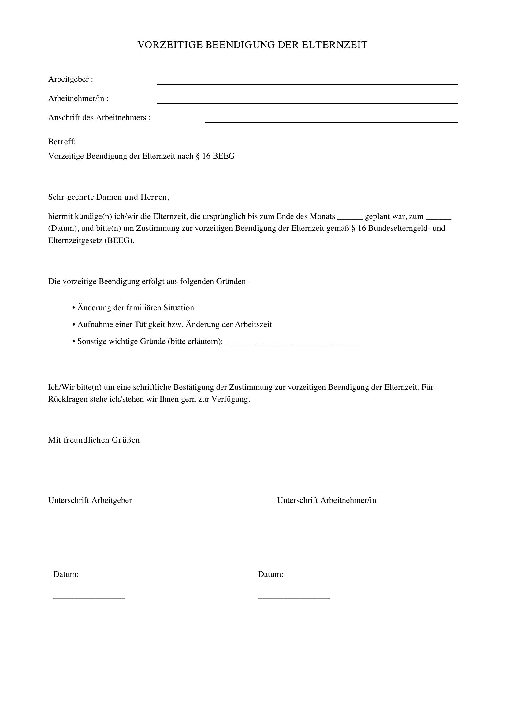 Vorzeitige Beendigung Elternzeit Vorlage Arbeitgeber