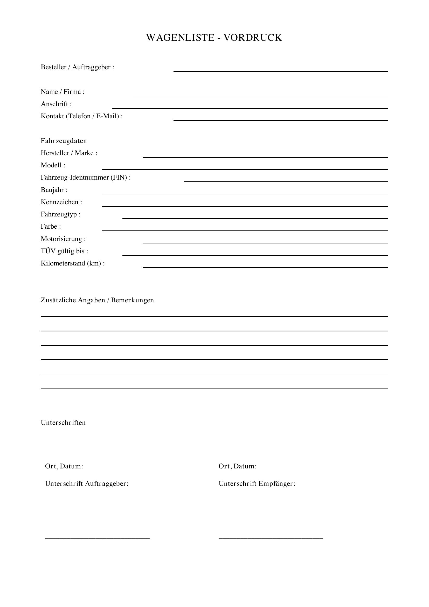 Wagenliste Vordruck