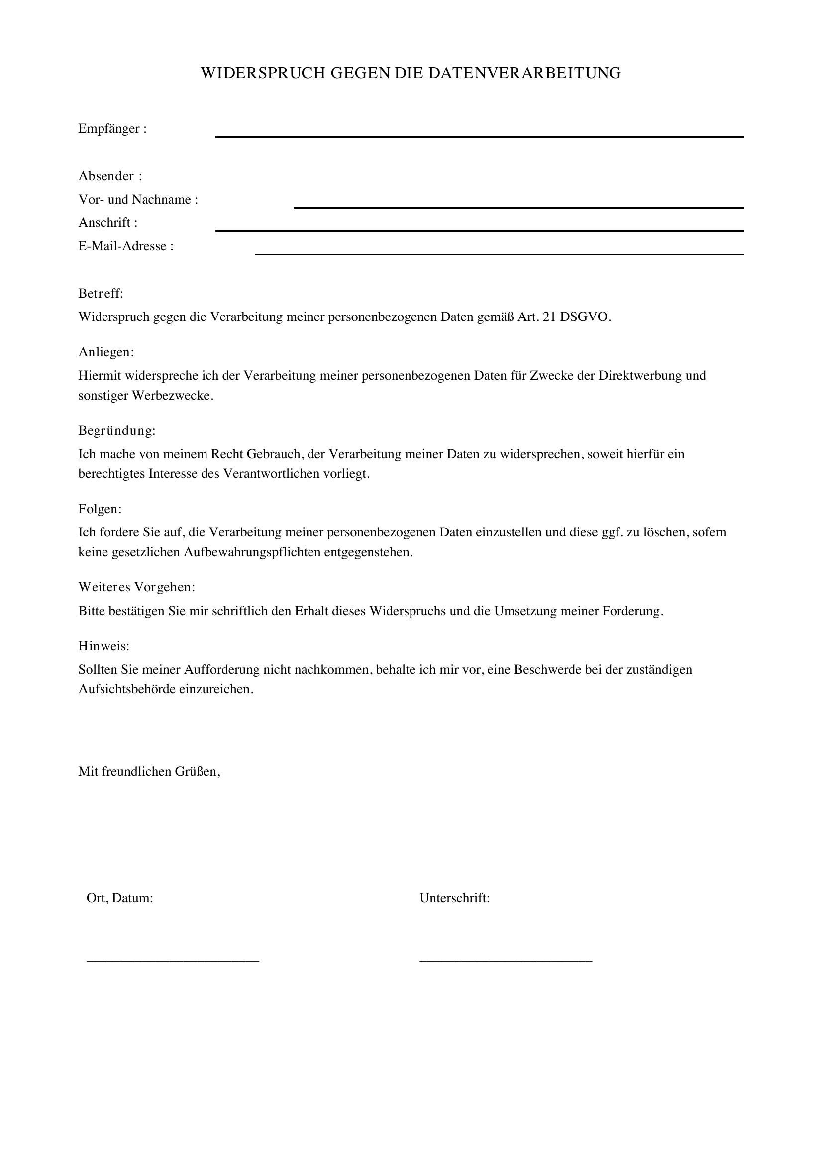 Widerspruch Datenverarbeitung Muster