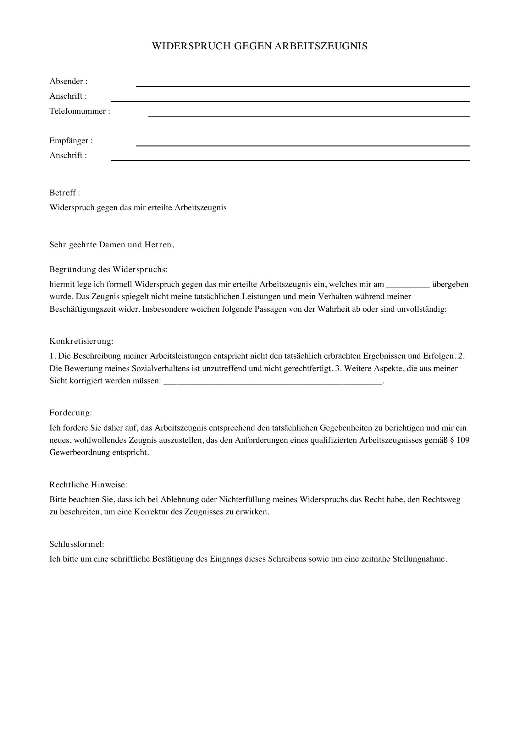Widerspruch Gegen Arbeitszeugnis Muster