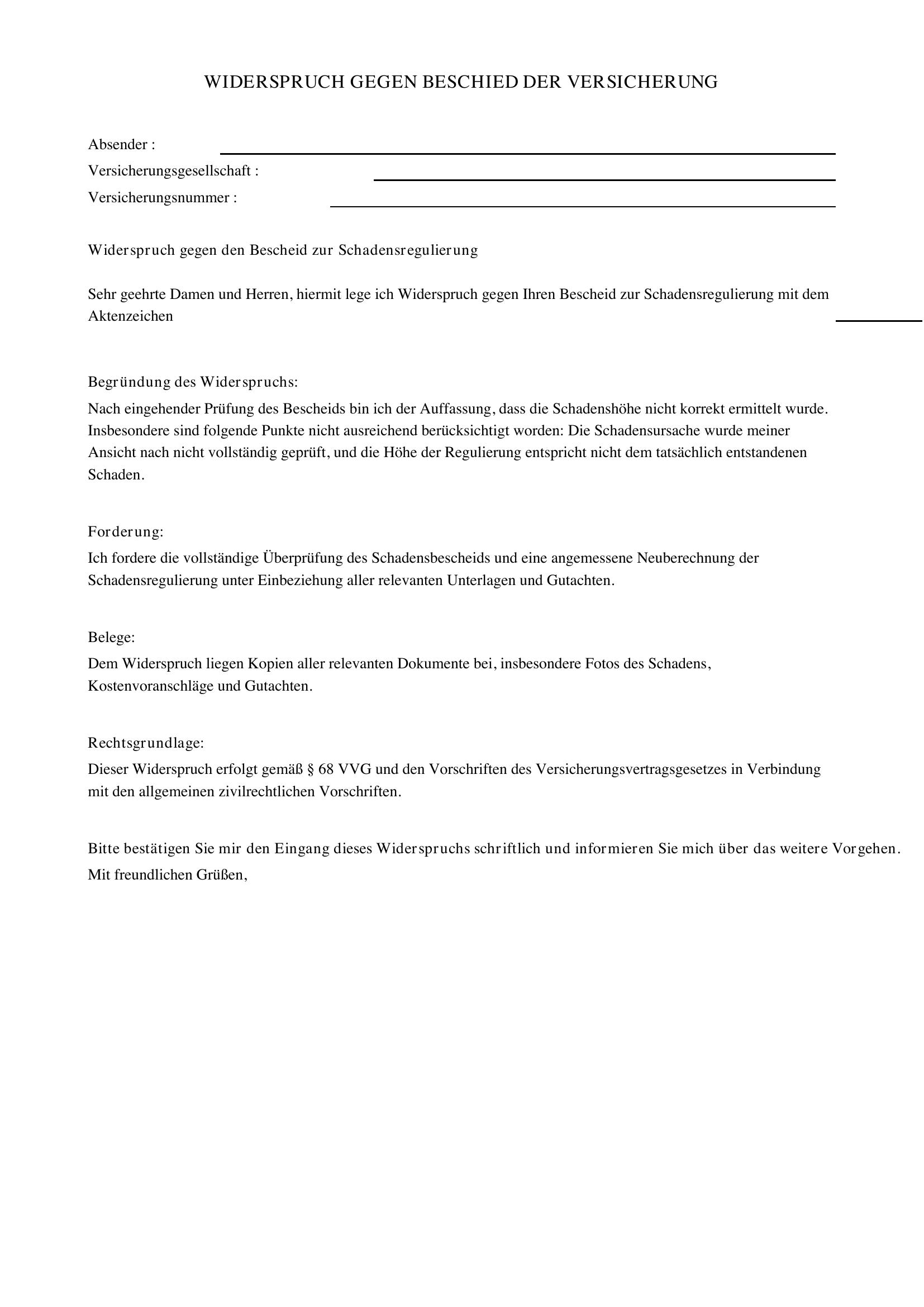 Widerspruch Versicherung Schadensregulierung Vorlage