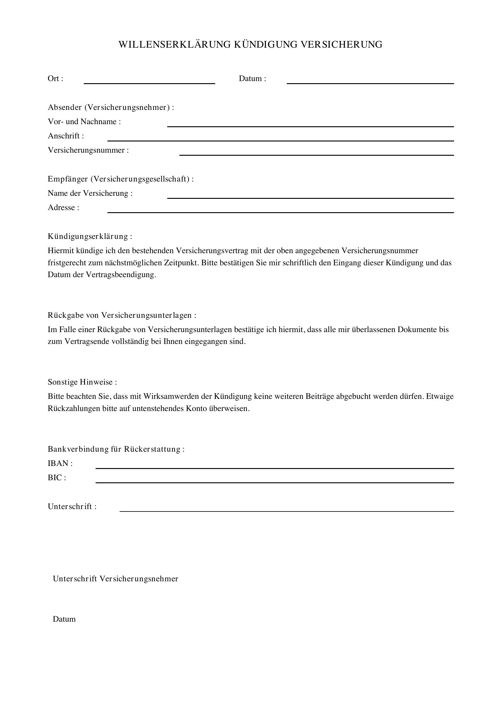Willenserklärung Kündigung Versicherung Muster