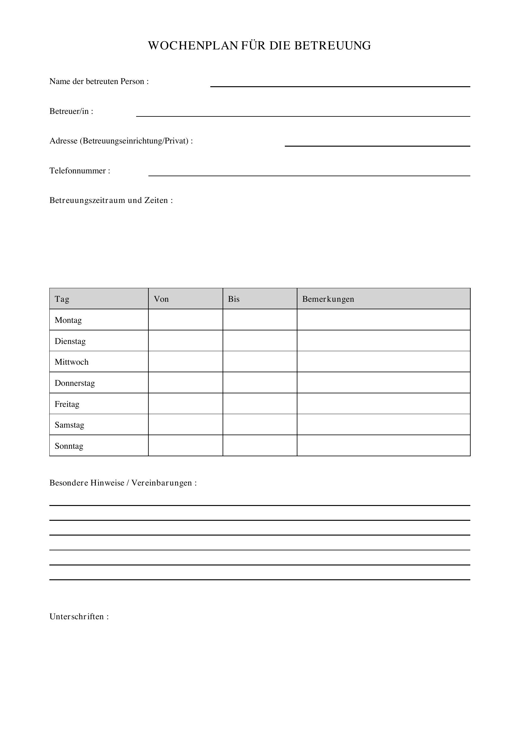 Wochenplan Betreuung Vorlage